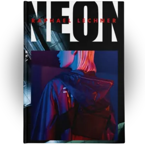 NEON coffee table book front cover — cyberpunk fashion photography, hardcover, 184 pages