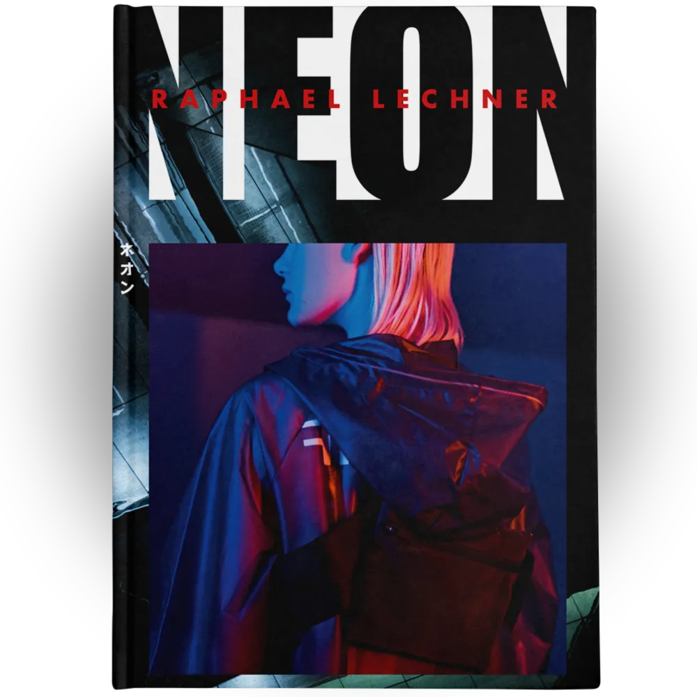 NEON coffee table book front cover — cyberpunk fashion photography, hardcover, 184 pages